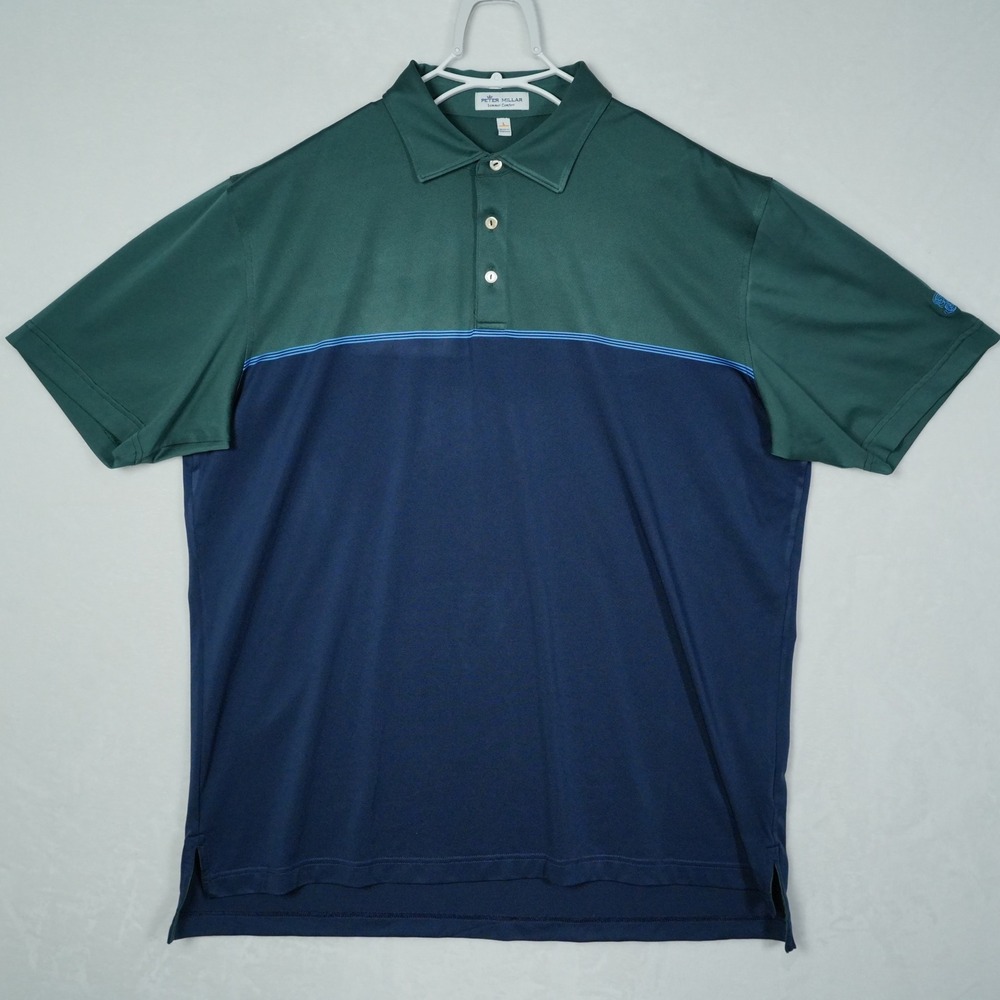 Peter Millar Summer Comfort Polo Shirt Mens Large Green Navy Golf - READ